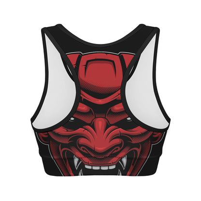 Red Japanese Demon Mask Print Women's Sports Bra