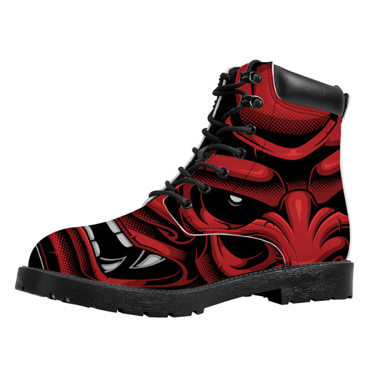 Red Japanese Demon Mask Print Work Boots