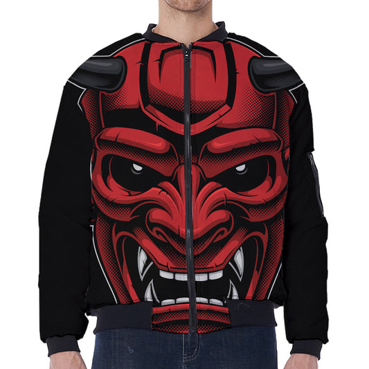 Red Japanese Demon Mask Print Zip Sleeve Bomber Jacket