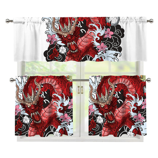 Red Japanese Dragon Tattoo Print 3 Piece Kitchen Curtains