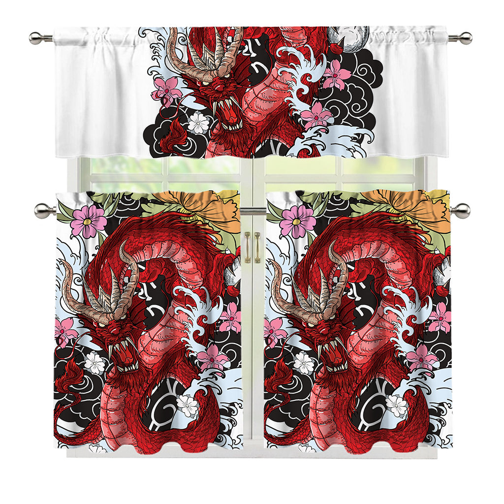 Red Japanese Dragon Tattoo Print 3 Piece Kitchen Curtains