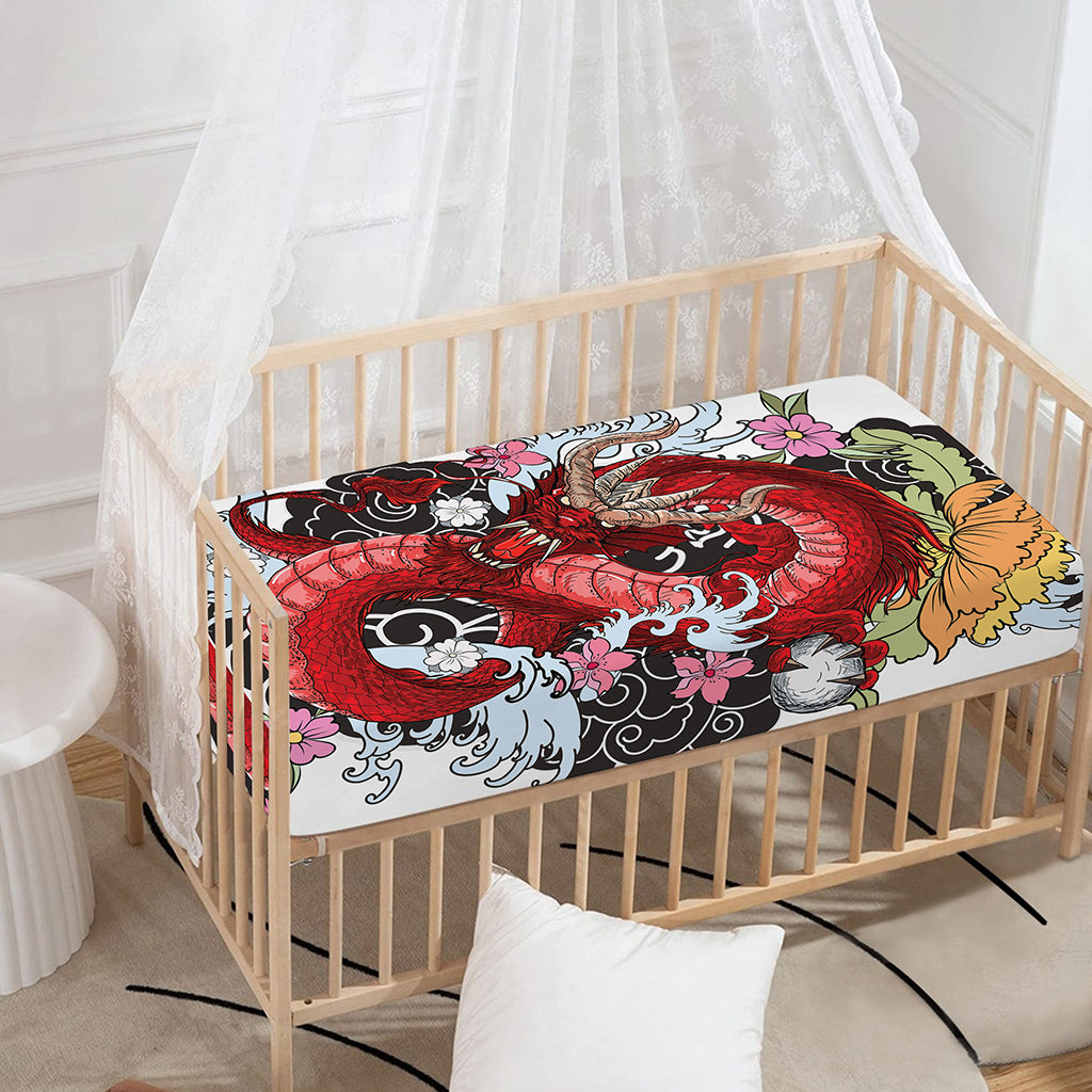 Red Japanese Dragon Tattoo Print Baby Crib Sheet