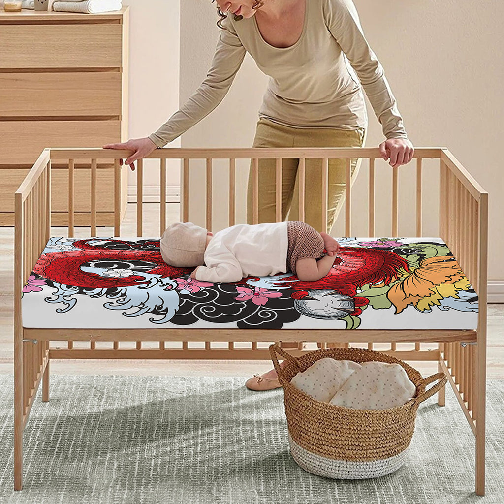 Red Japanese Dragon Tattoo Print Baby Crib Sheet