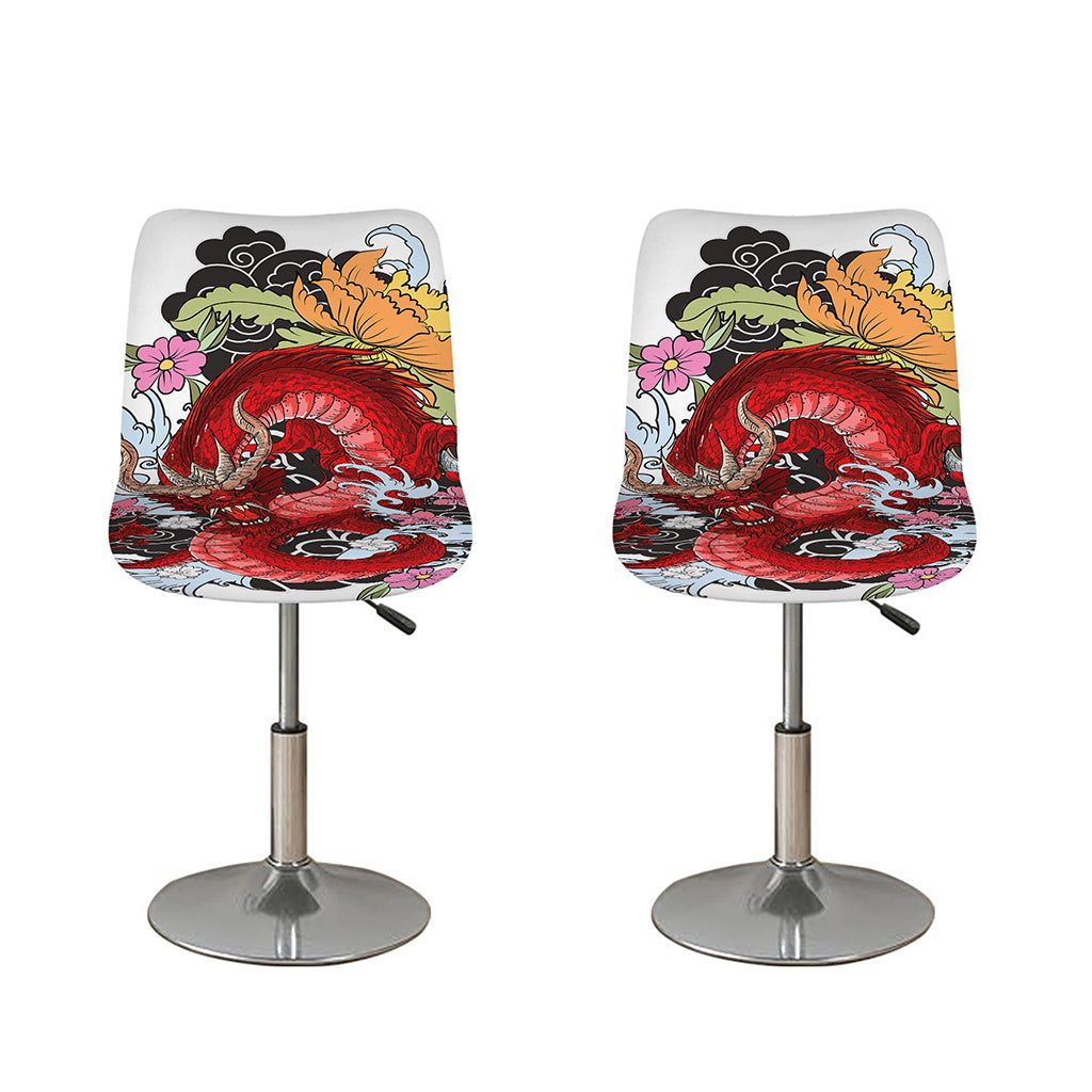 Red Japanese Dragon Tattoo Print Bar Stool Covers