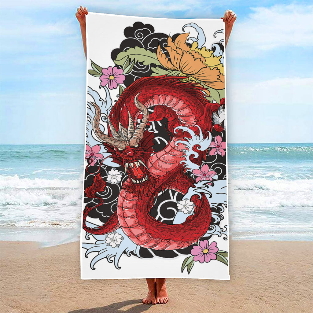 Red Japanese Dragon Tattoo Print Beach Towel