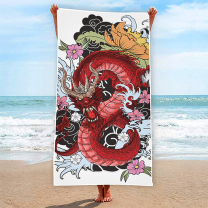 Red Japanese Dragon Tattoo Print Beach Towel