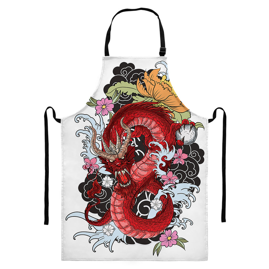 Red Japanese Dragon Tattoo Print Bib Apron With Pocket