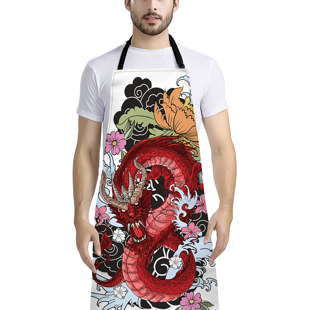 Red Japanese Dragon Tattoo Print Bib Apron With Pocket