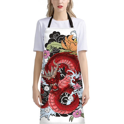 Red Japanese Dragon Tattoo Print Bib Apron With Pocket