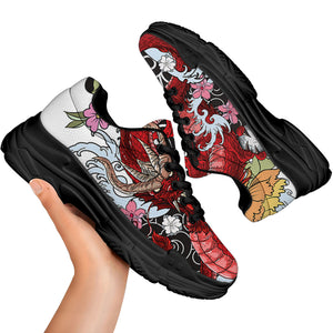 Red Japanese Dragon Tattoo Print Black Chunky Shoes