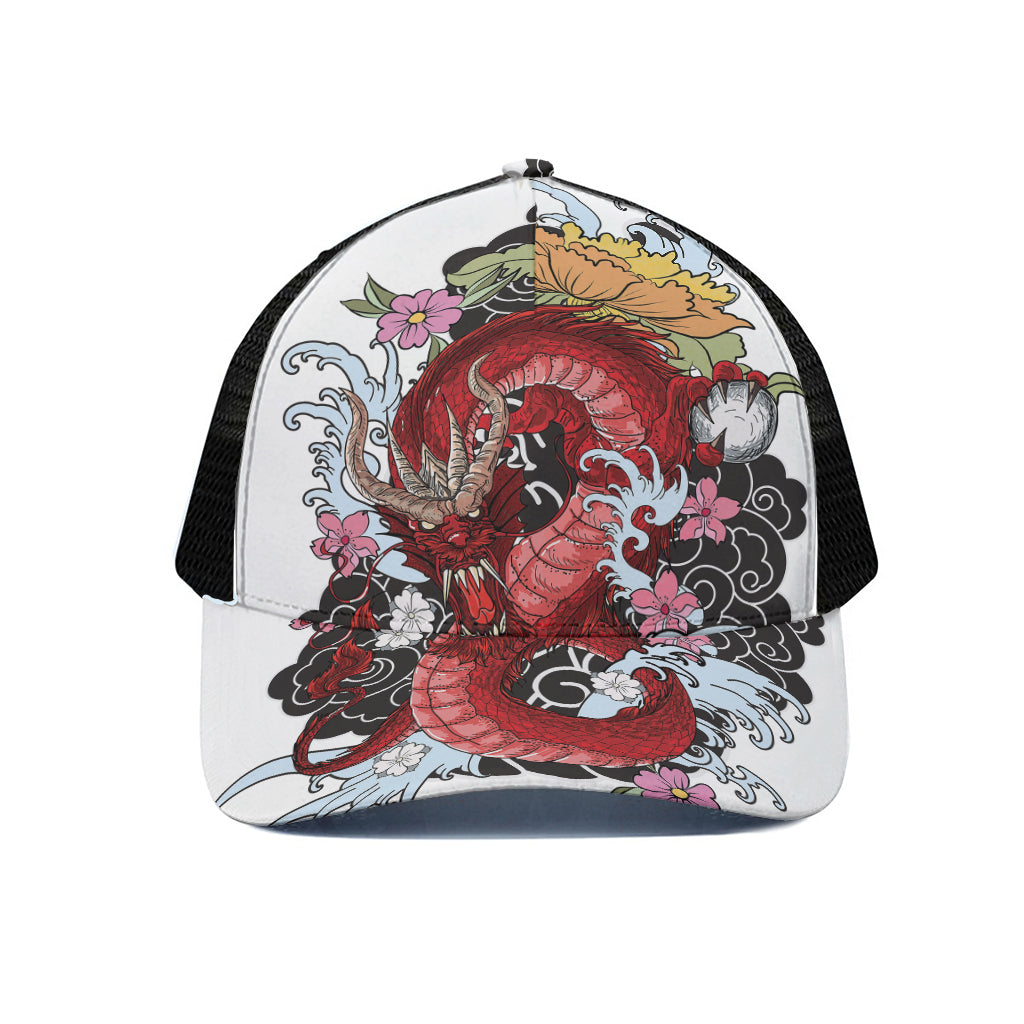 Red Japanese Dragon Tattoo Print Black Mesh Trucker Cap