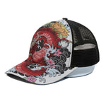 Red Japanese Dragon Tattoo Print Black Mesh Trucker Cap