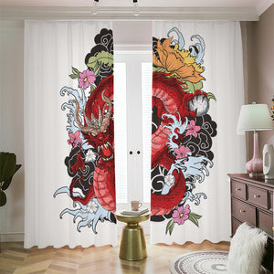 Red Japanese Dragon Tattoo Print Blackout Pencil Pleat Curtains