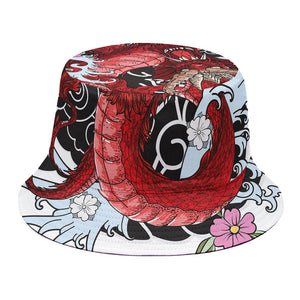 Red Japanese Dragon Tattoo Print Bucket Hat