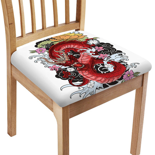 Red Japanese Dragon Tattoo Print Chair Cushion Cover