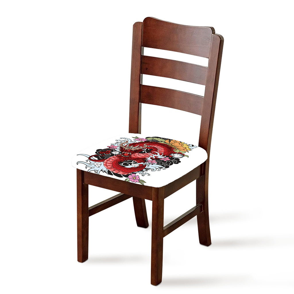 Red Japanese Dragon Tattoo Print Chair Cushion Cover