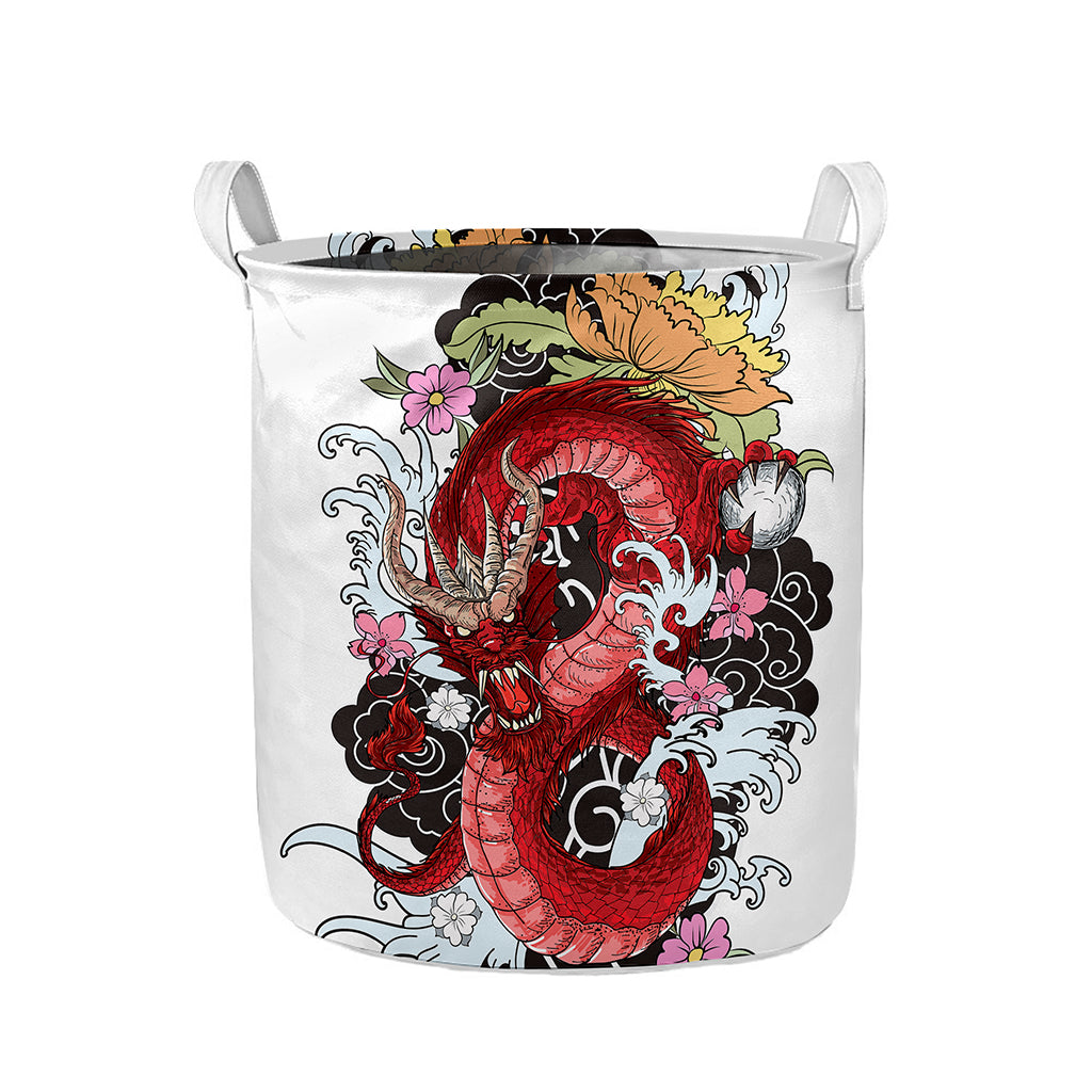 Red Japanese Dragon Tattoo Print Collapsible Laundry Basket