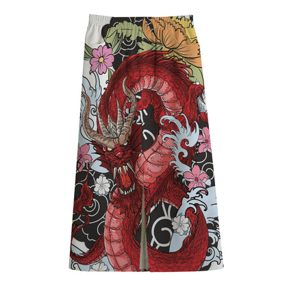 Red Japanese Dragon Tattoo Print Cotton Front Slit Maxi Skirt