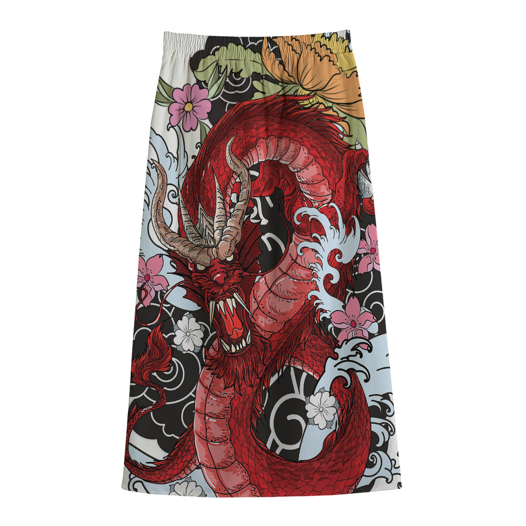 Red Japanese Dragon Tattoo Print Cotton Front Slit Maxi Skirt