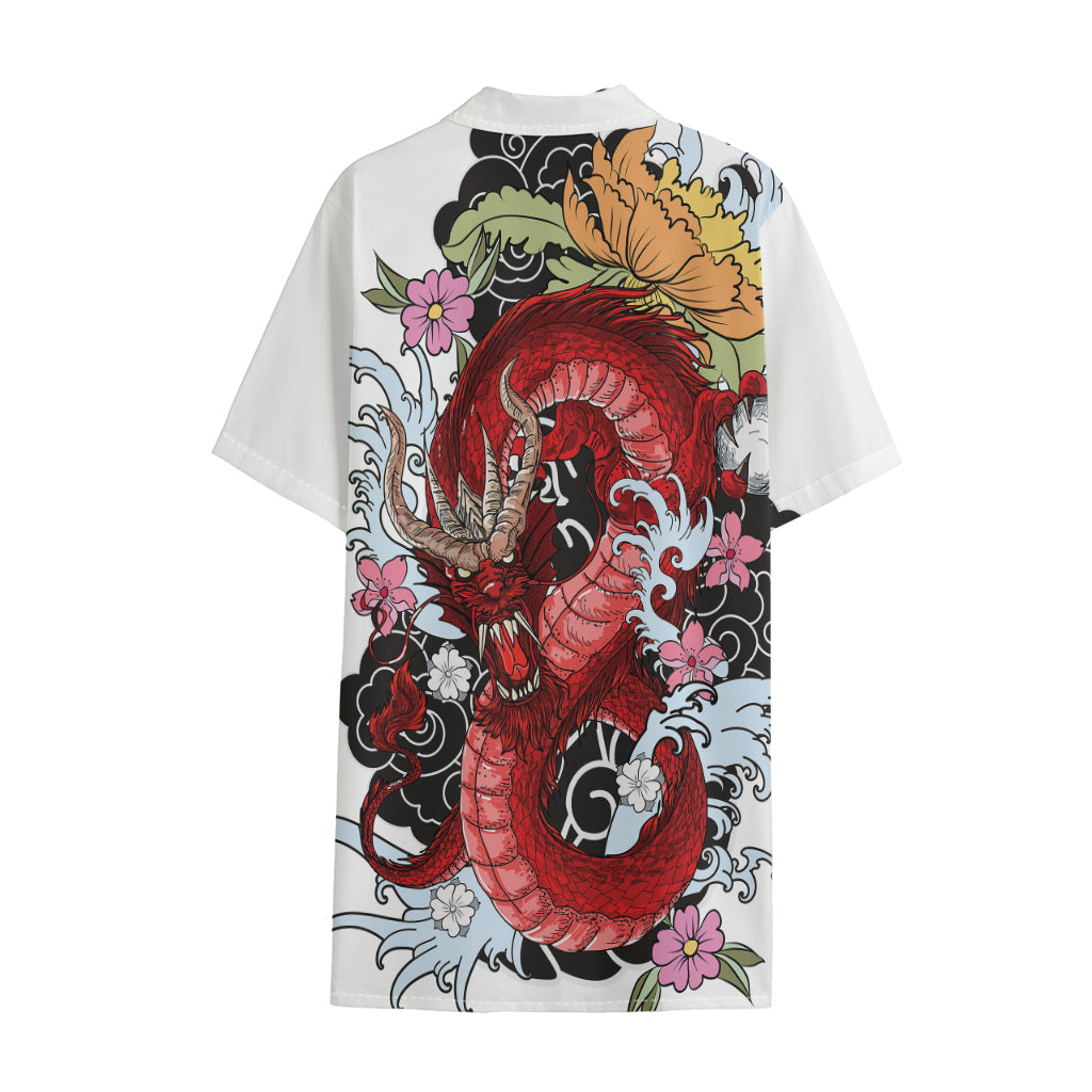 Red Japanese Dragon Tattoo Print Cotton Hawaiian Shirt