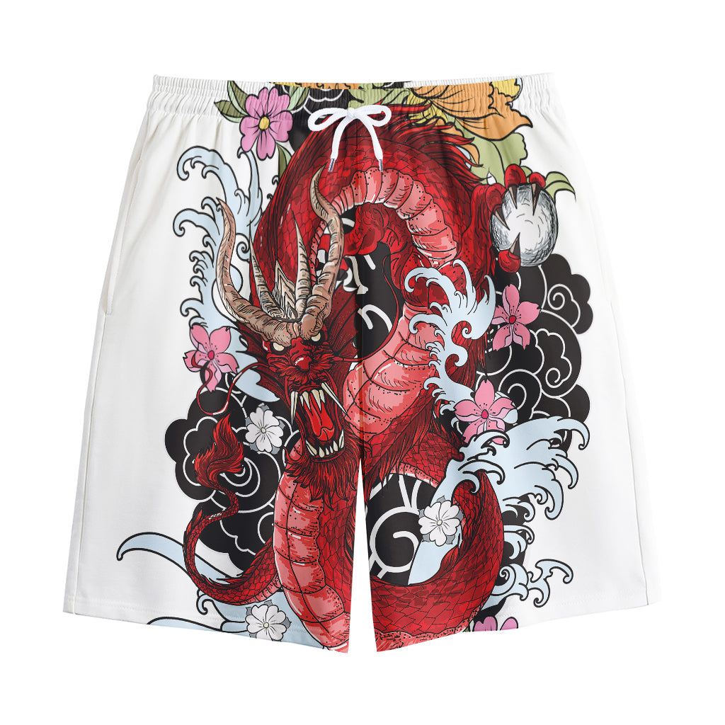 Red Japanese Dragon Tattoo Print Cotton Shorts