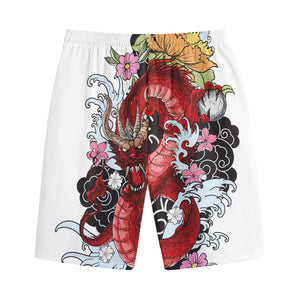 Red Japanese Dragon Tattoo Print Cotton Shorts