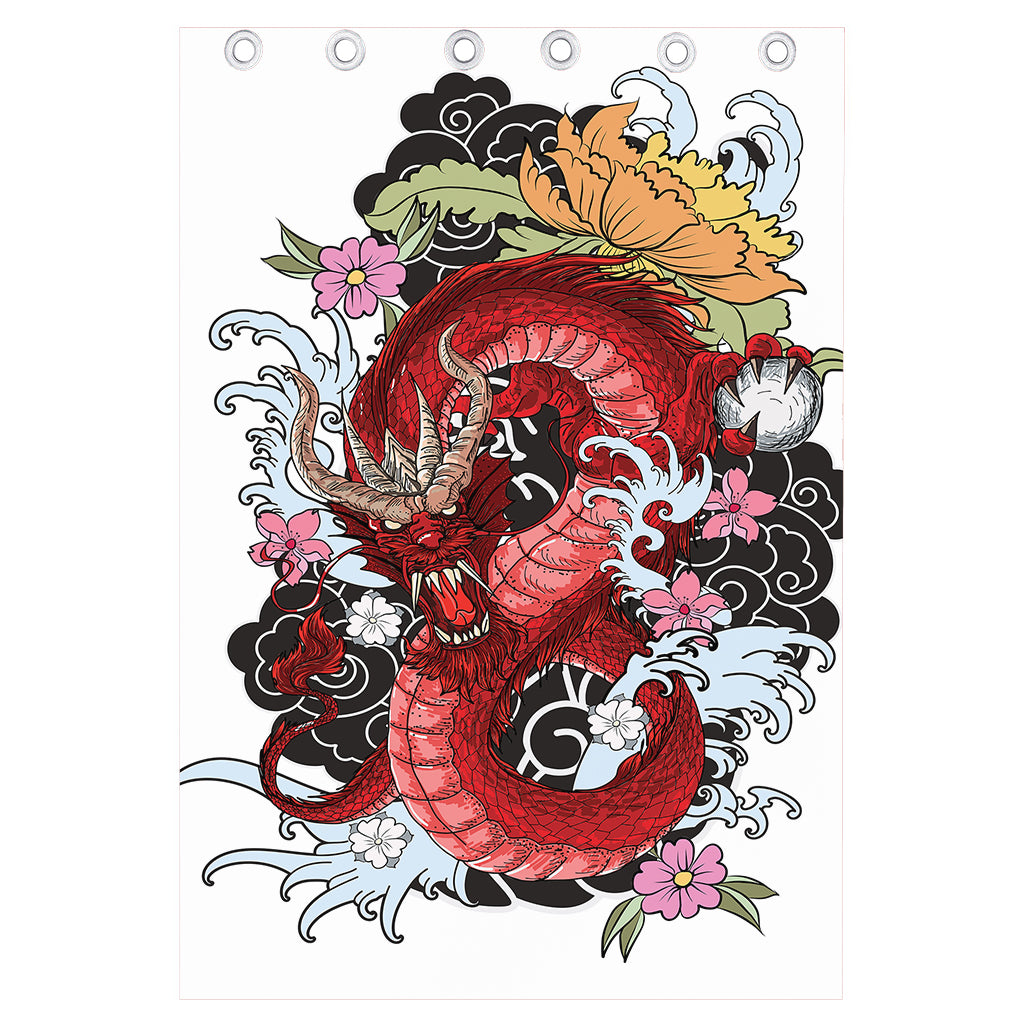 Red Japanese Dragon Tattoo Print Curtain