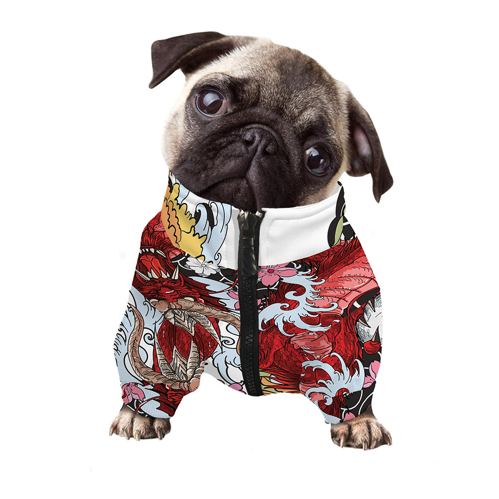Red Japanese Dragon Tattoo Print Dog Zip Up Jacket