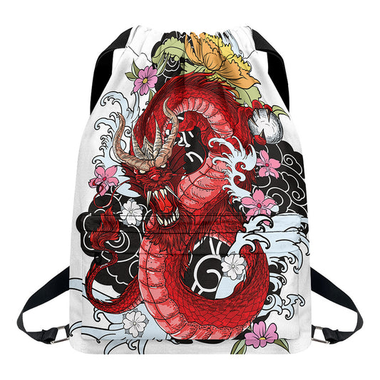 Red Japanese Dragon Tattoo Print Drawstring Backpack