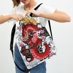 Red Japanese Dragon Tattoo Print Drawstring Backpack