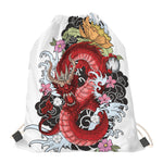 Red Japanese Dragon Tattoo Print Drawstring Bag