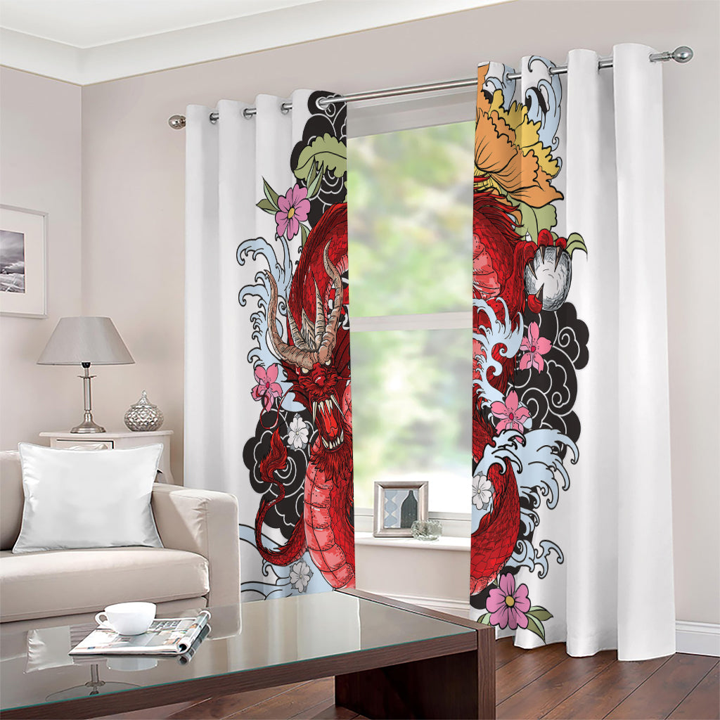 Red Japanese Dragon Tattoo Print Extra Wide Grommet Curtains