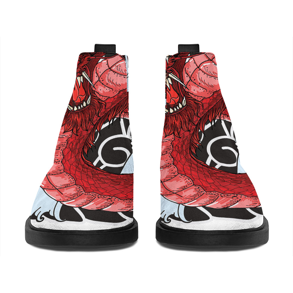 Red Japanese Dragon Tattoo Print Flat Ankle Boots