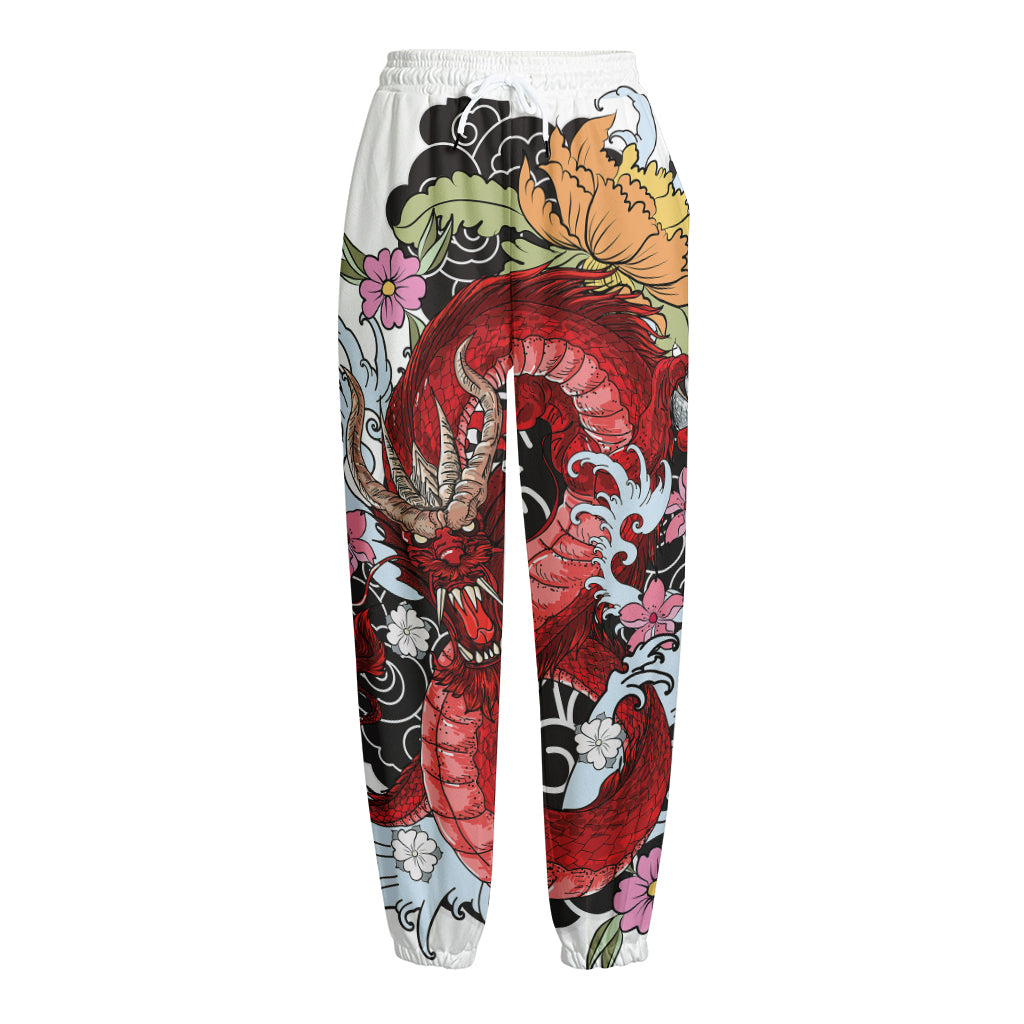 Red Japanese Dragon Tattoo Print Fleece Lined Knit Pants