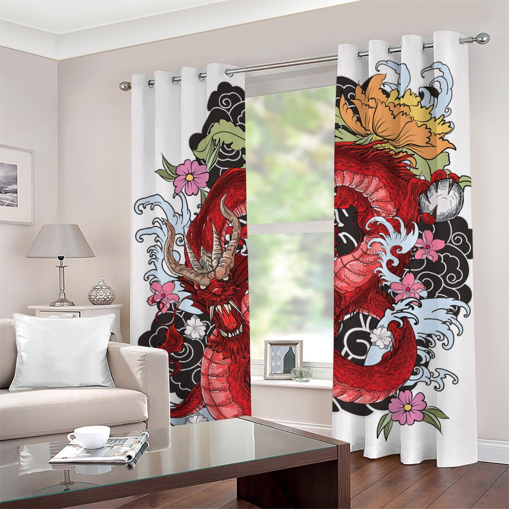 Red Japanese Dragon Tattoo Print Grommet Curtains