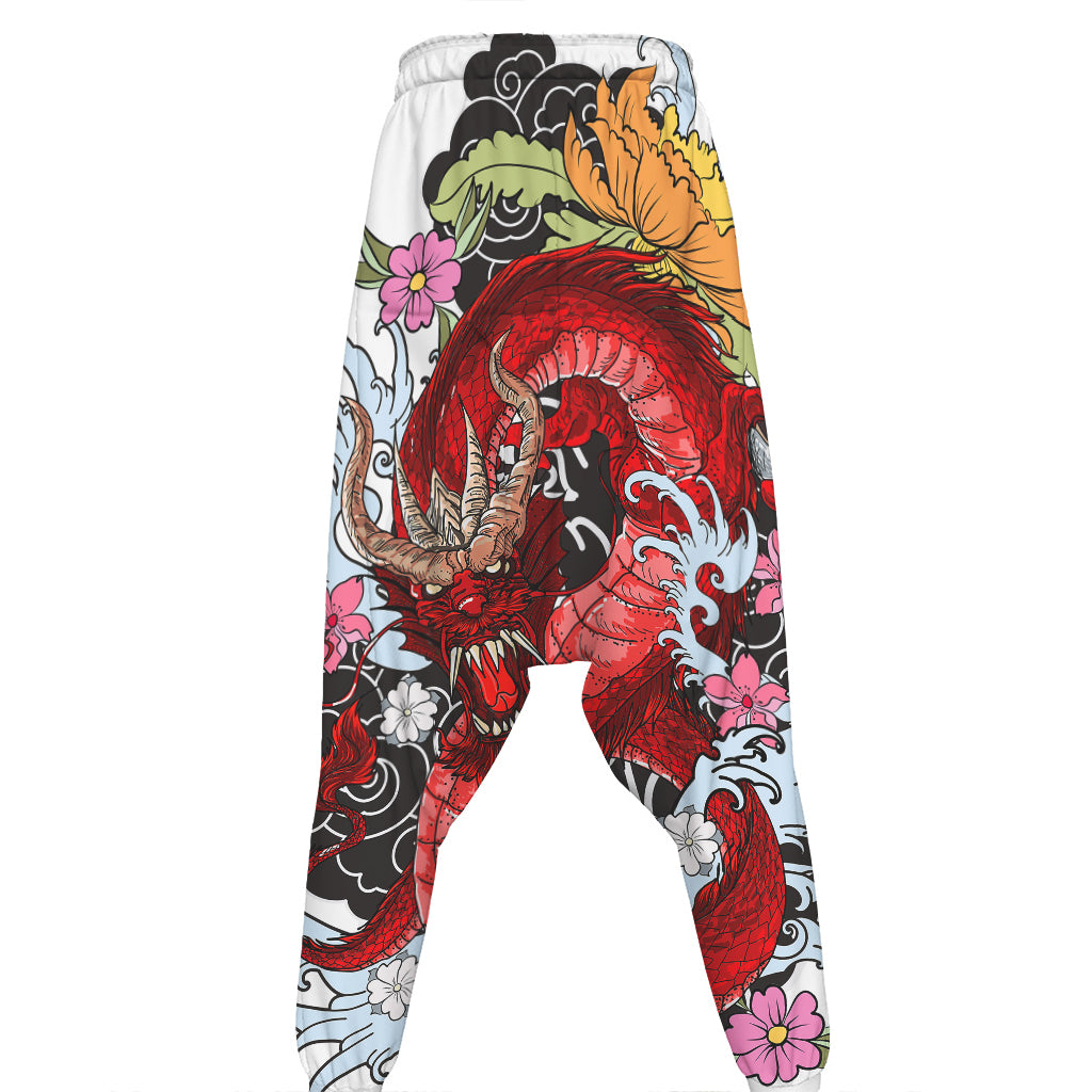 Red Japanese Dragon Tattoo Print Hammer Pants