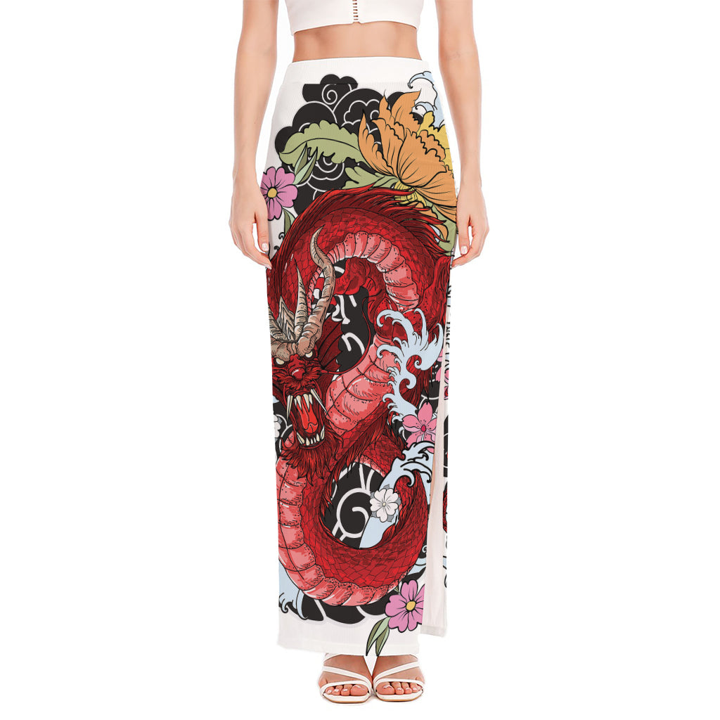 Red Japanese Dragon Tattoo Print High Slit Maxi Skirt