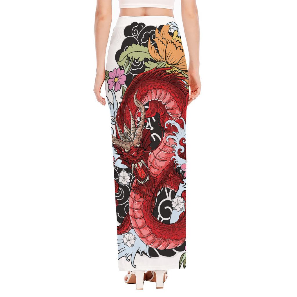 Red Japanese Dragon Tattoo Print High Slit Maxi Skirt
