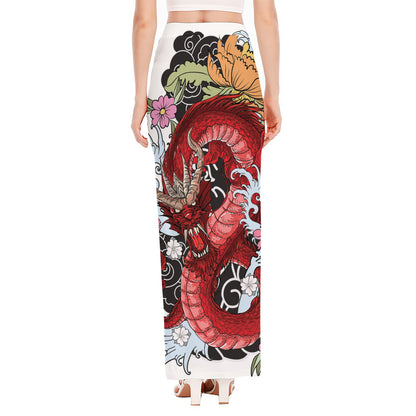 Red Japanese Dragon Tattoo Print High Slit Maxi Skirt