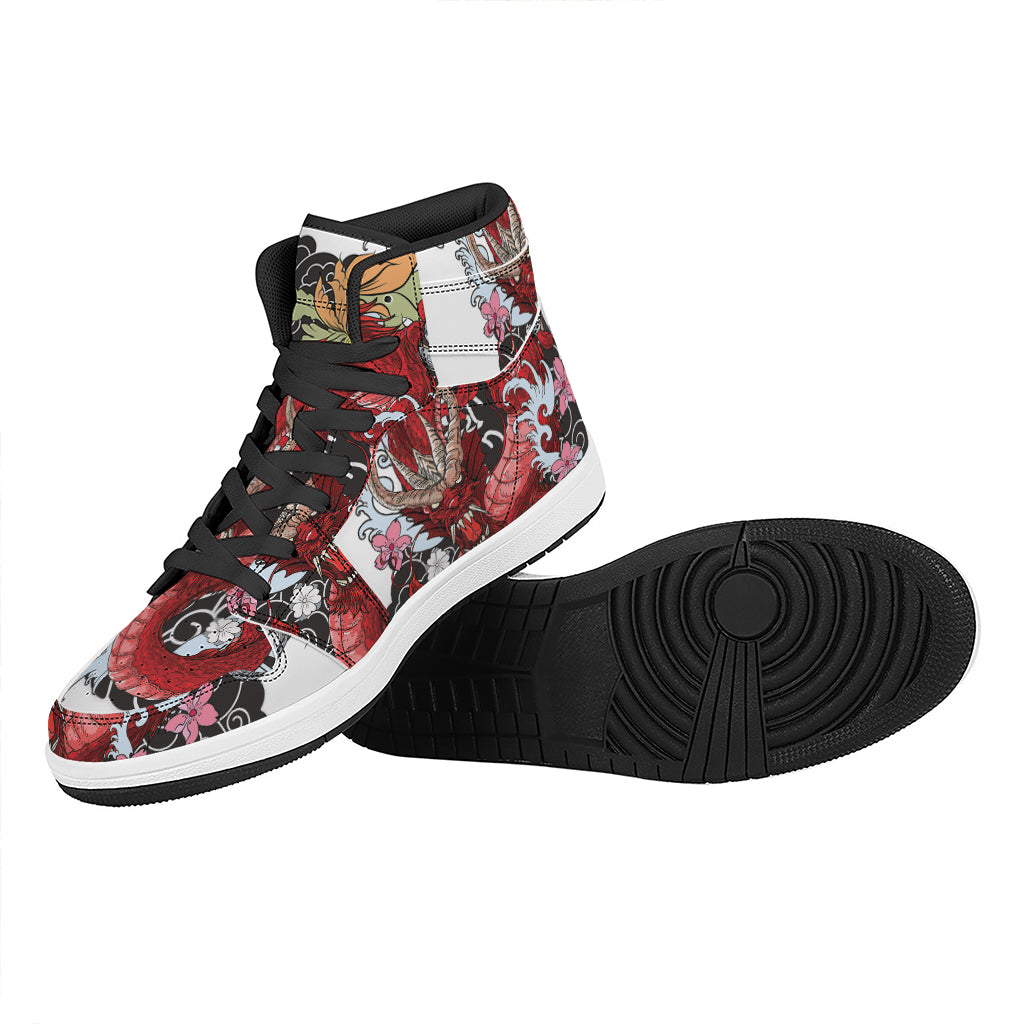 Red Japanese Dragon Tattoo Print High Top Leather Sneakers