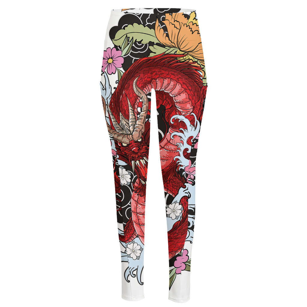 Red Japanese Dragon Tattoo Print High-Waisted Pocket Leggings