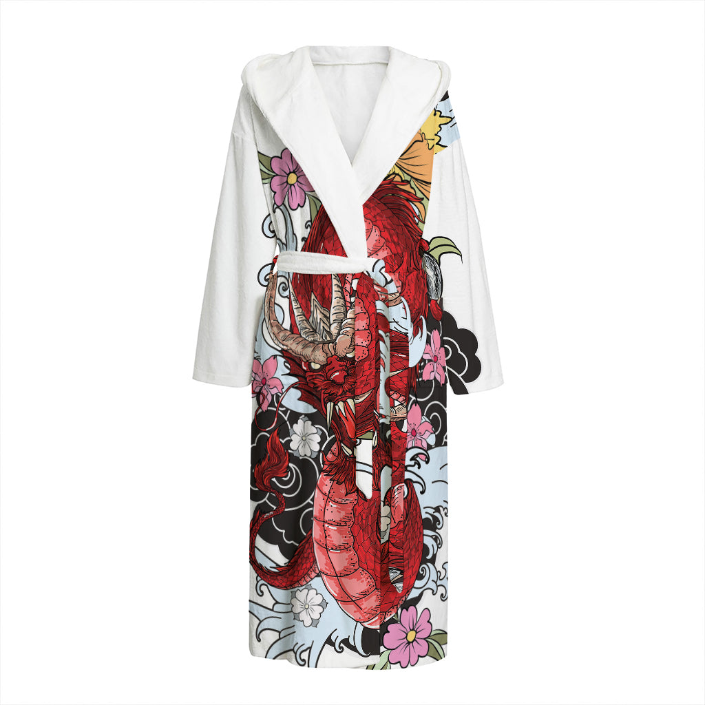 Red Japanese Dragon Tattoo Print Hooded Bathrobe