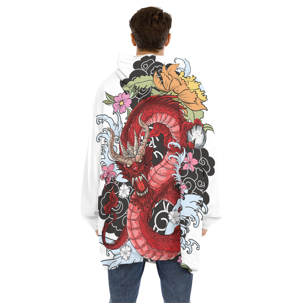 Red Japanese Dragon Tattoo Print Hoodie Blanket