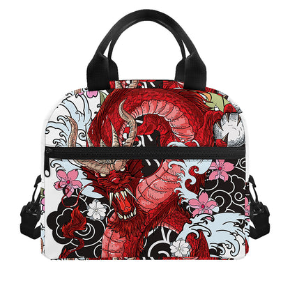 Red Japanese Dragon Tattoo Print Insulated Lunch Bag