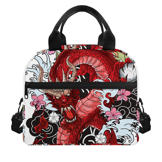 Red Japanese Dragon Tattoo Print Insulated Lunch Bag