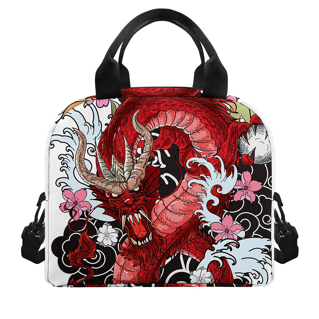 Red Japanese Dragon Tattoo Print Insulated Lunch Bag