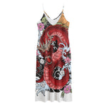 Red Japanese Dragon Tattoo Print Jersey Midi Cami Dress