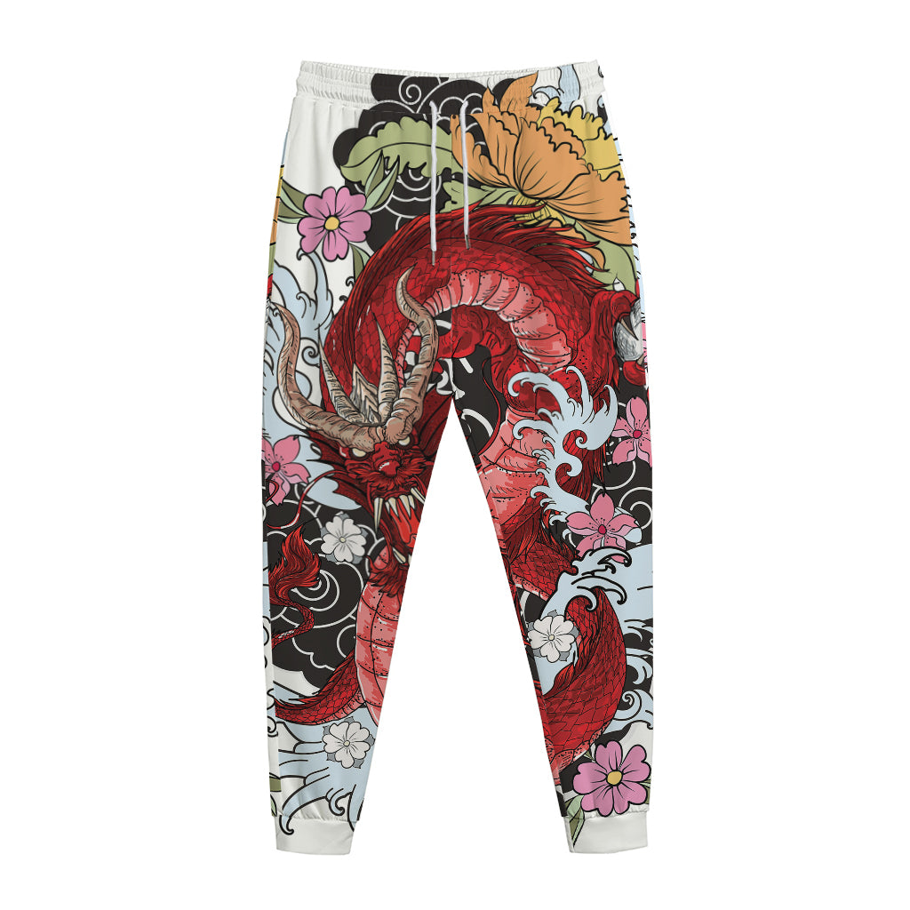 Red Japanese Dragon Tattoo Print Jogger Pants