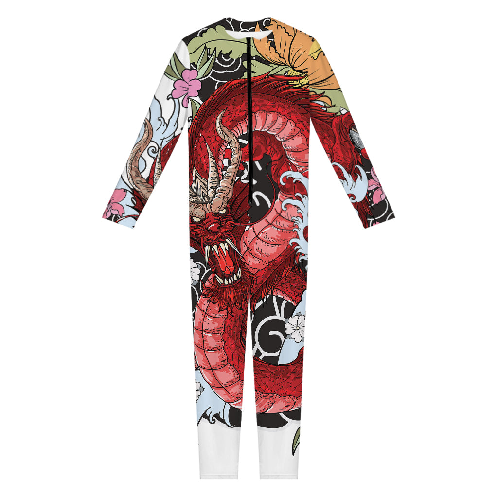 Red Japanese Dragon Tattoo Print Jumpsuit