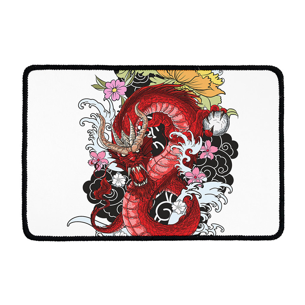 Red Japanese Dragon Tattoo Print Kitchen Mat